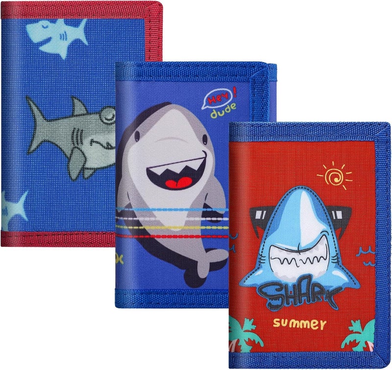 Sundee RFID Blocking Wallet,3 Packs Kids Wallet Bulk,Mini Trifold Coin Purse Cartoon Wallet,Front Pocket Wallet with Zipper for Kids,Canvas Outdoor Sports Wallets with Magic Sticker - Blue Shark - Image 1